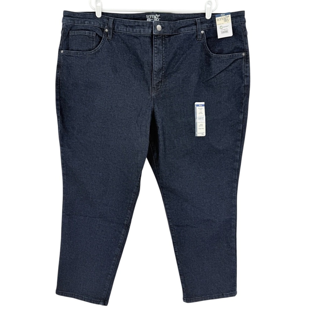 NWT Terra & Sky Women Core Straight High Rise Stretch Blue Denim Jeans Plus 26WP